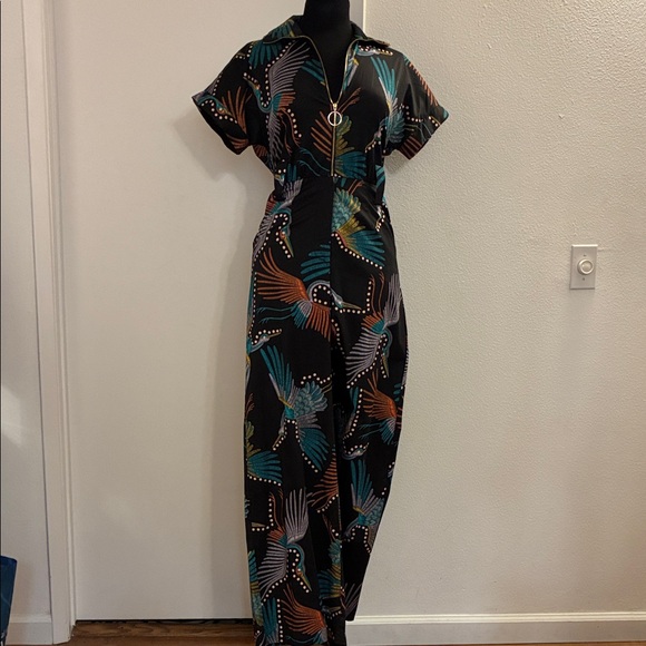 HUTCH  Black/Vivid Cranes Women's Zip Up Jumpsuit W/Pockets & Belt Loops Size 2 - Picture 1 of 12